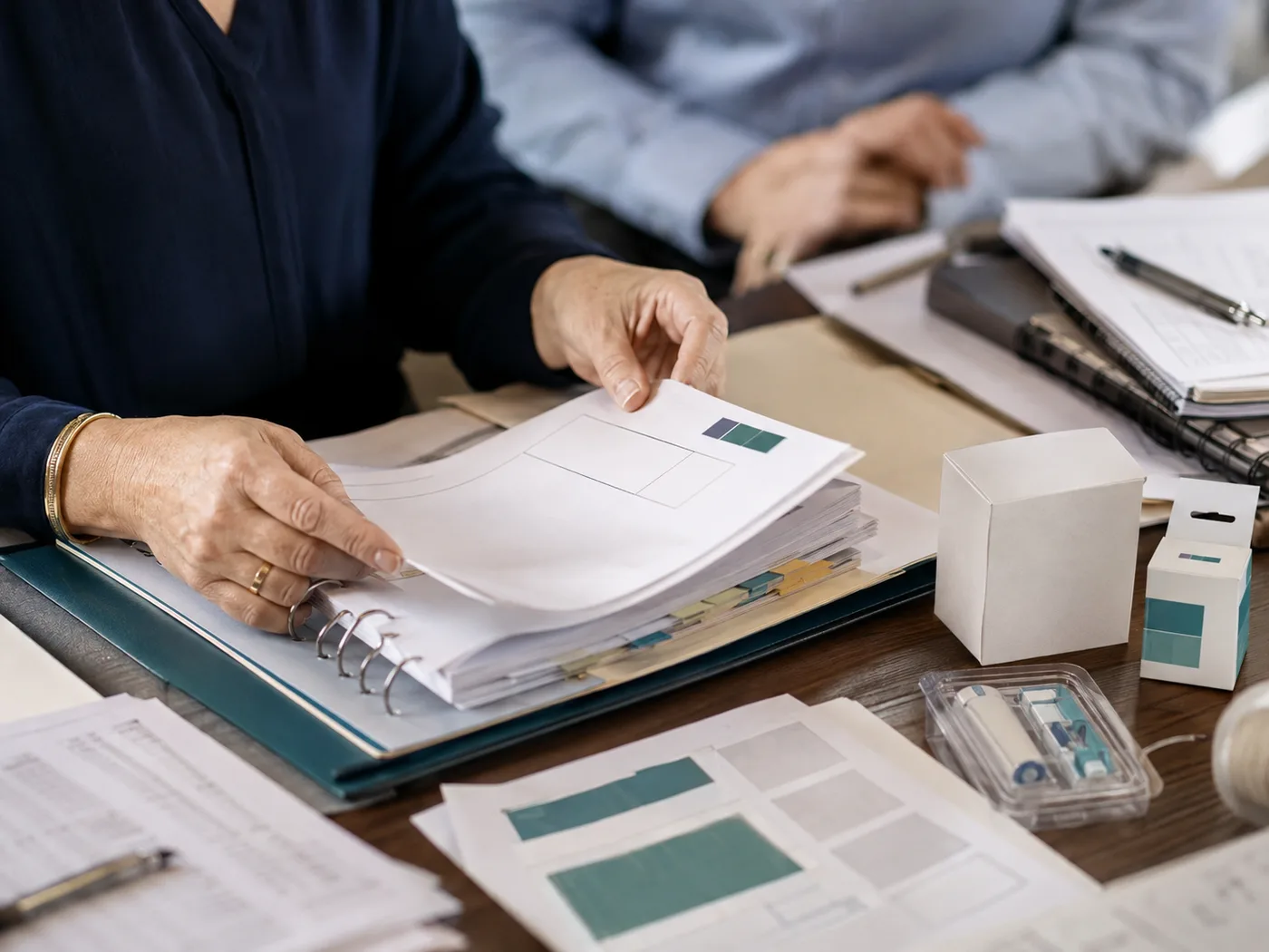 A structured product submission dossier being prepared for review